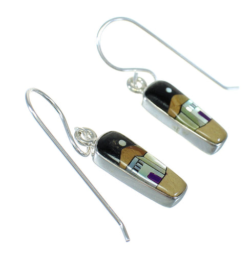 Sterling Silver Native American Village Design Multicolor Inlay Hook Dangle Earrings WX78986